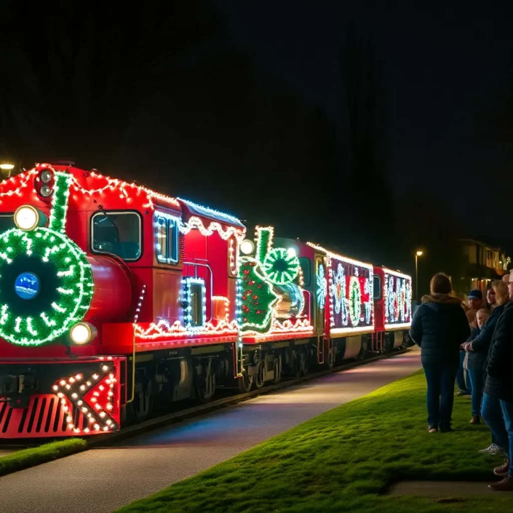 CPKC Holiday Train passing through a Detroit neighborhood at night