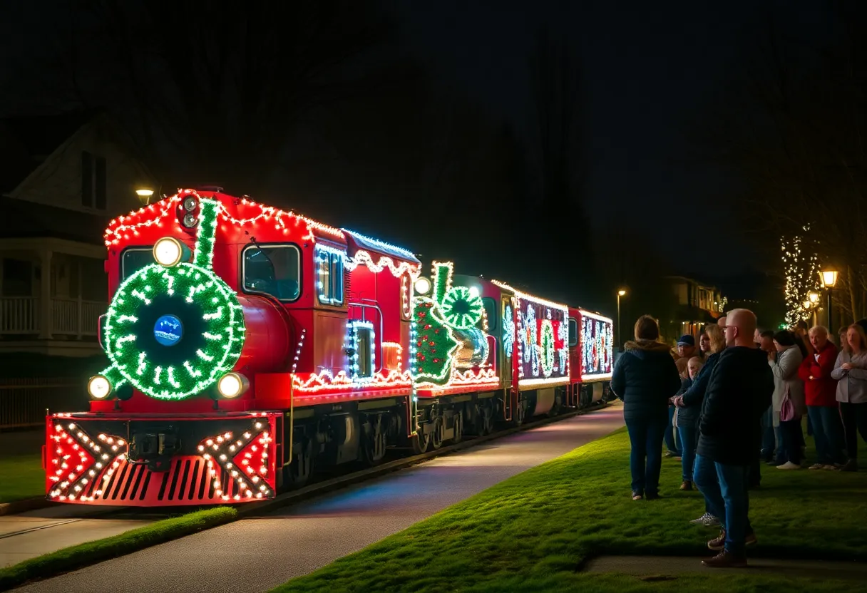 CPKC Holiday Train passing through a Detroit neighborhood at night