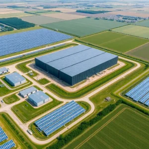 Aerial view of a data center surrounded by solar farms in Southeast Michigan.