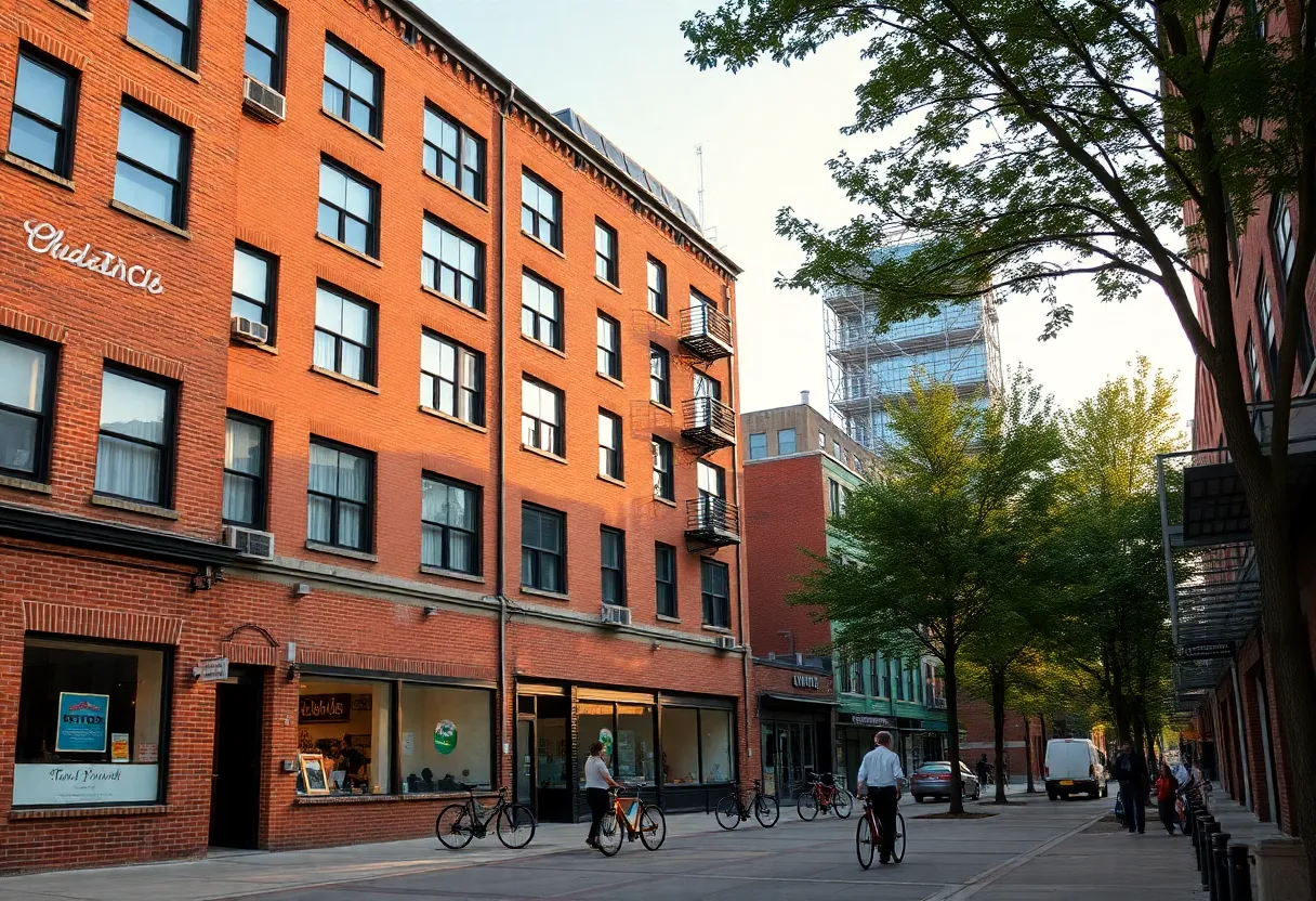 Converted historic industrial building with mixed-use affordable housing and retail on a neighborhood street in Detroit