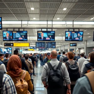 Monitors showing a video at Detroit Metropolitan Airport