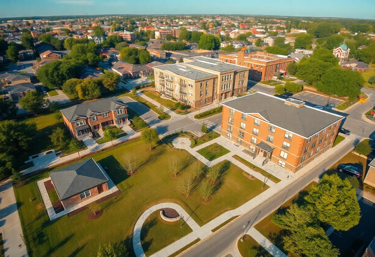 Aerial view of new townhomes and senior apartments on cleared urban lots in Detroit