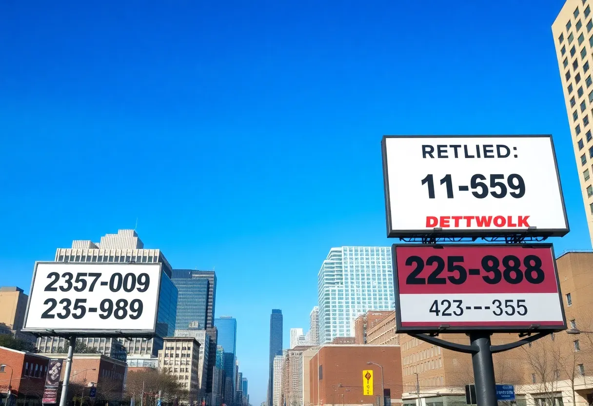 Cityscape of Detroit showing phone numbers and area codes.