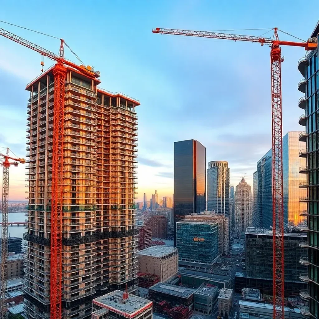 Downtown Detroit skyline with cranes and high-rise construction