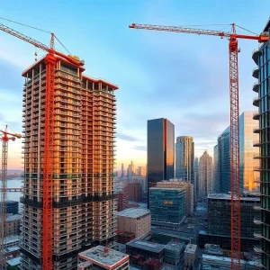 Downtown Detroit skyline with cranes and high-rise construction