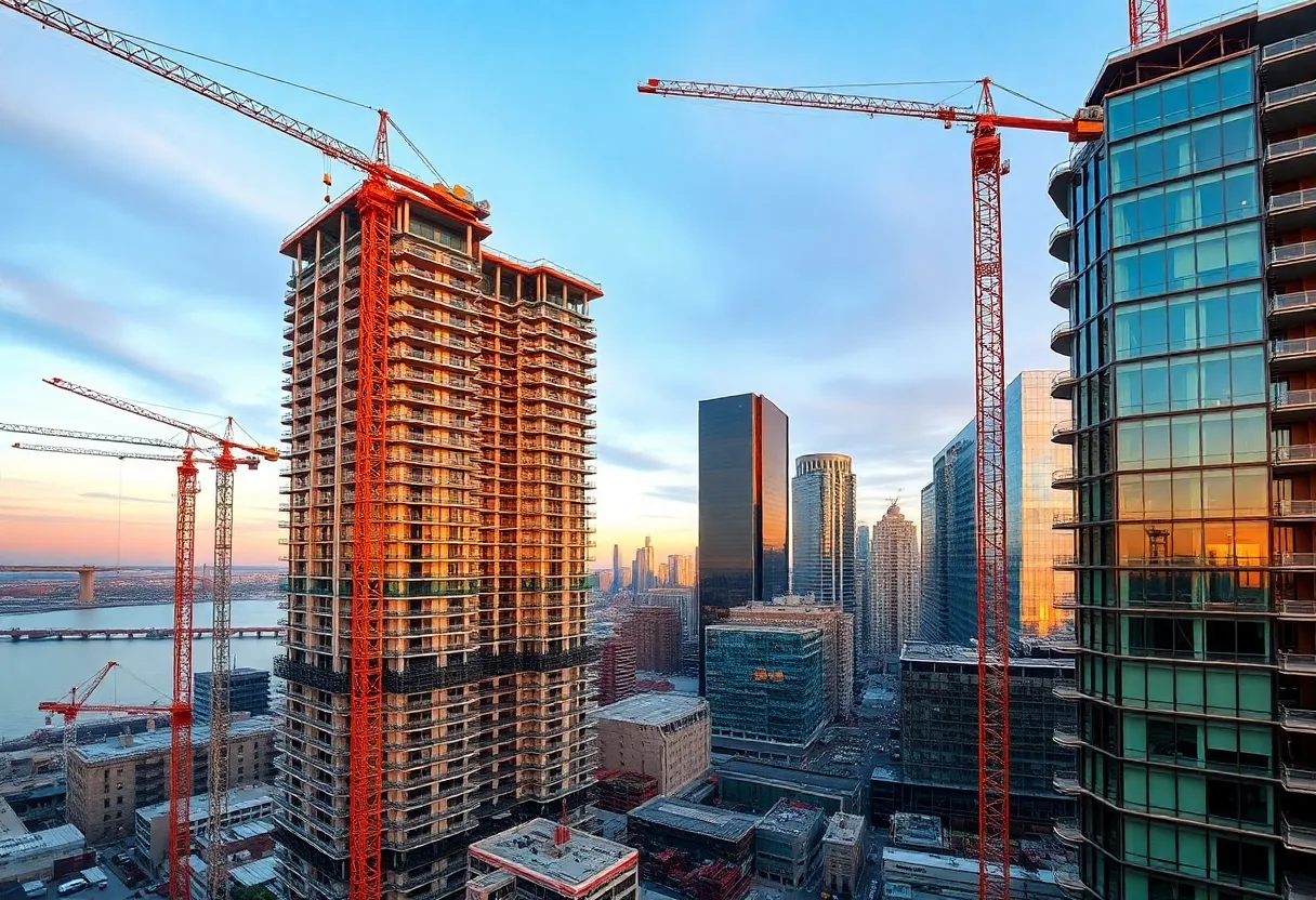 Downtown Detroit skyline with cranes and high-rise construction