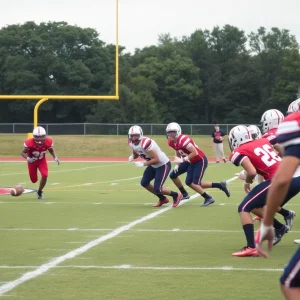 Football players in action during a high school football game
