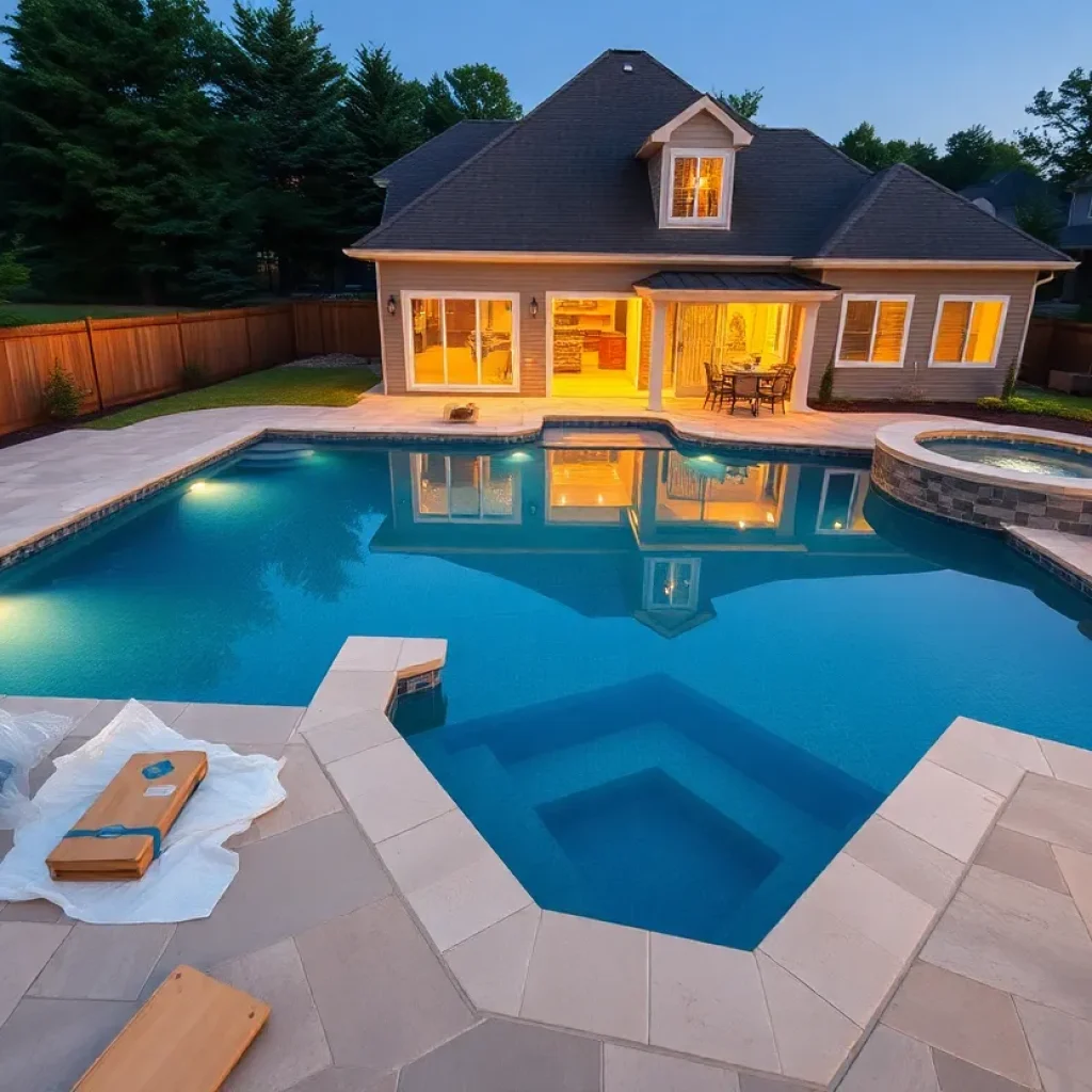 Custom residential swimming pool and spa with stone decking and landscaping in a Metro Detroit backyard