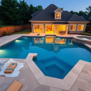 Custom residential swimming pool and spa with stone decking and landscaping in a Metro Detroit backyard