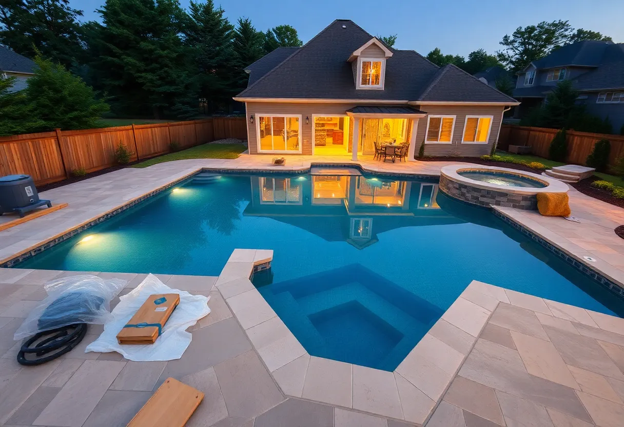 Custom residential swimming pool and spa with stone decking and landscaping in a Metro Detroit backyard
