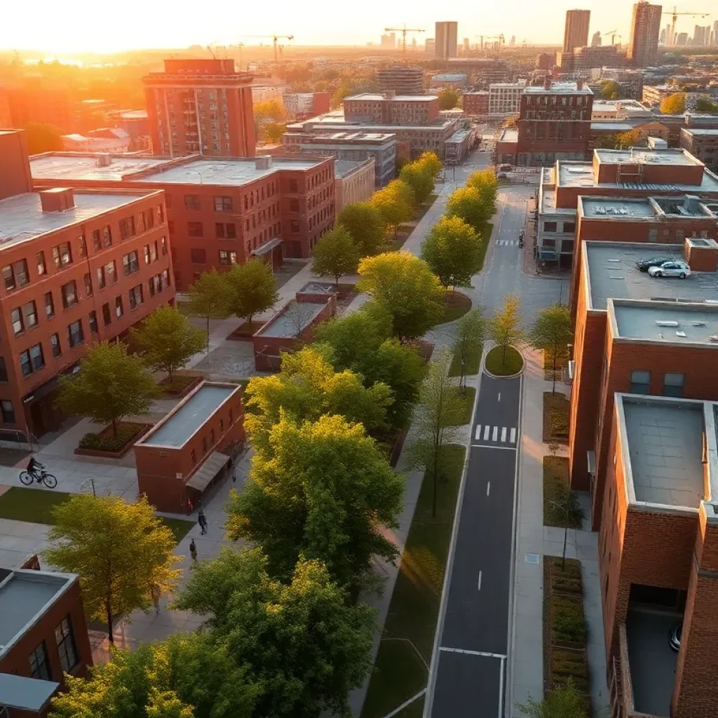 Aerial view of Detroit neighborhood showing renovated buildings, greenway path with cyclists, parks, streetscaping, and construction indicating infrastructure investment