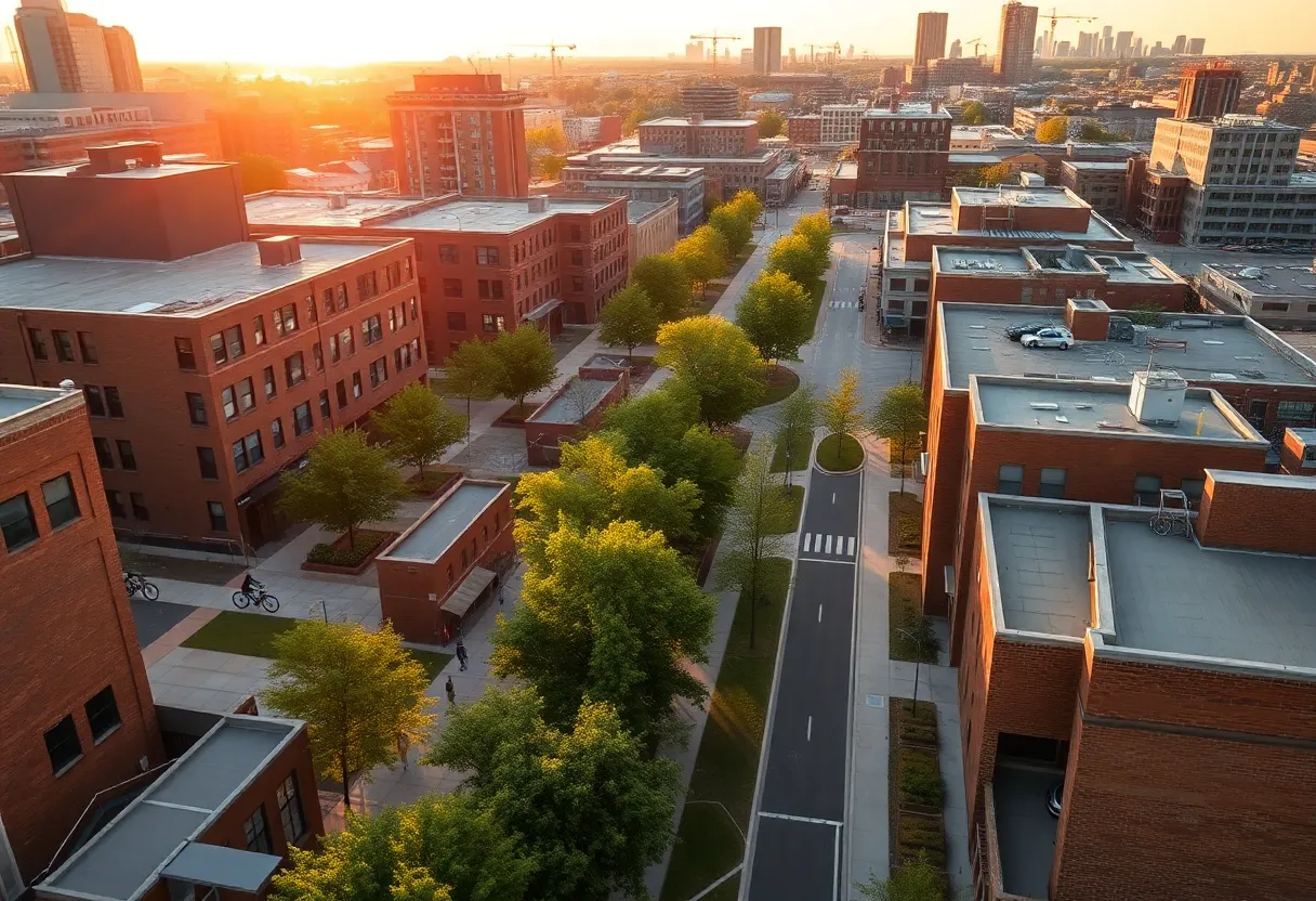 Aerial view of Detroit neighborhood showing renovated buildings, greenway path with cyclists, parks, streetscaping, and construction indicating infrastructure investment