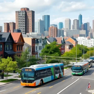 A view of renovated buildings and transit systems in Detroit representing infrastructure improvement.