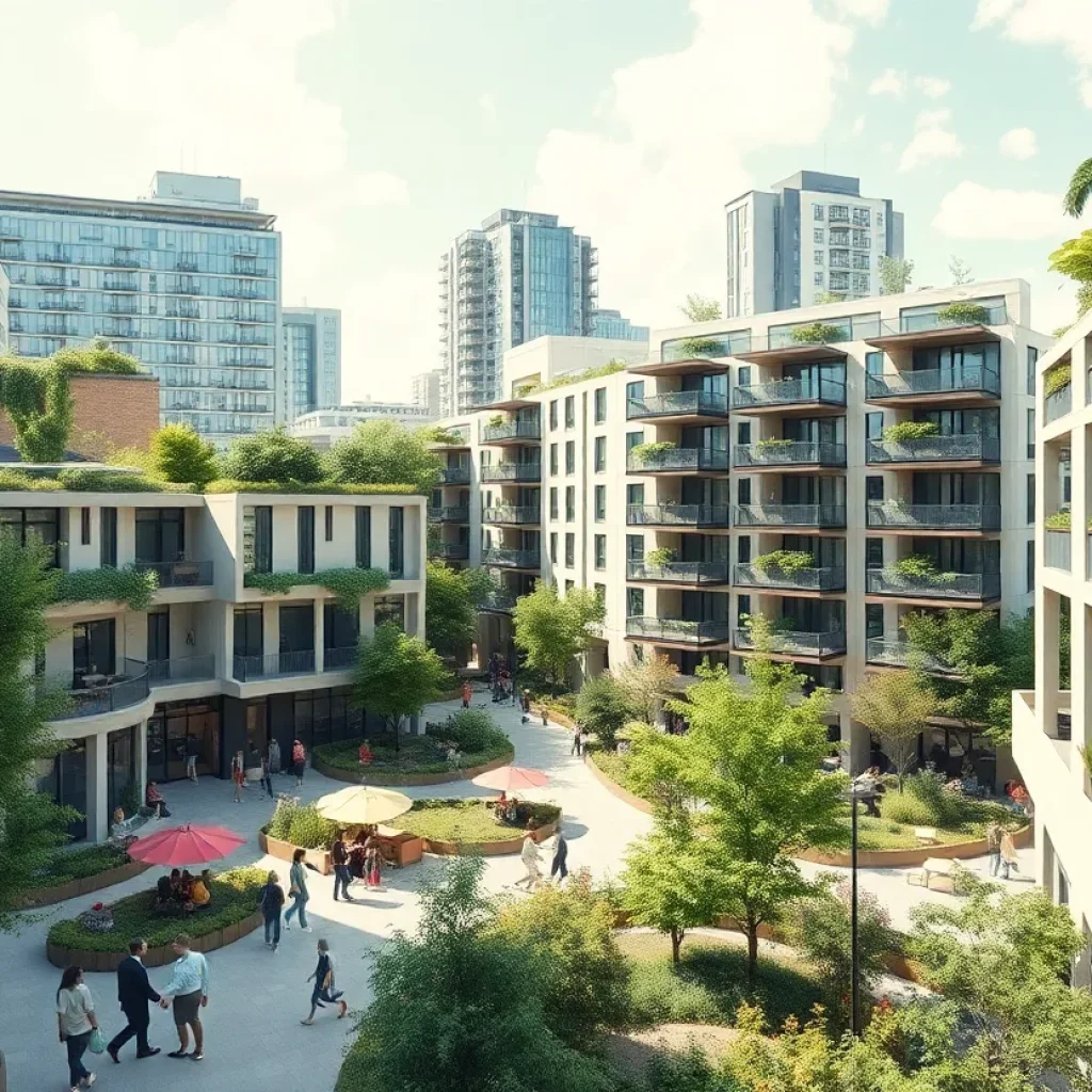 A rendering of a sustainable urban landscape featuring community spaces and innovative architecture.