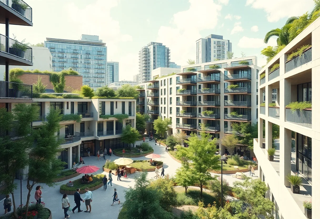 A rendering of a sustainable urban landscape featuring community spaces and innovative architecture.
