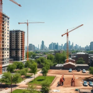 Construction site in Detroit with cranes and new residential buildings near the skyline