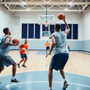 Basketball players practicing on a court