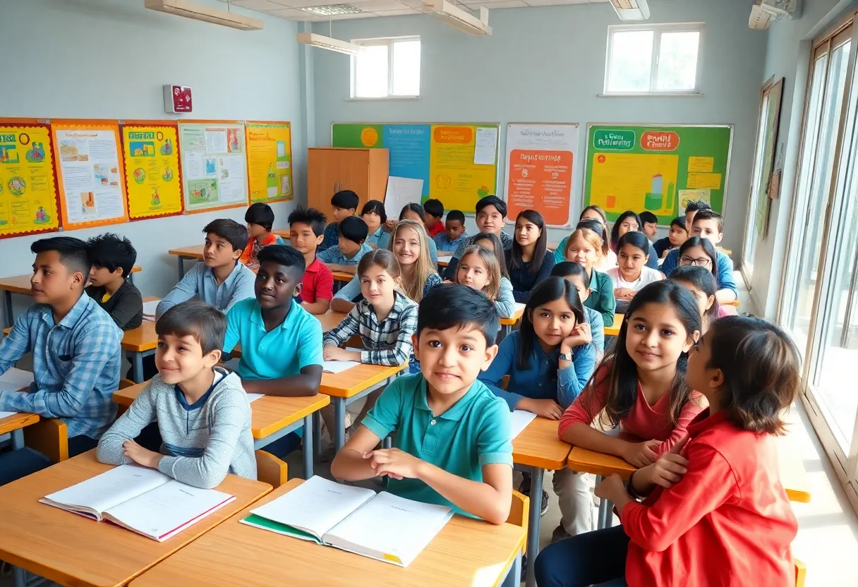 Diverse students in a bright classroom setting