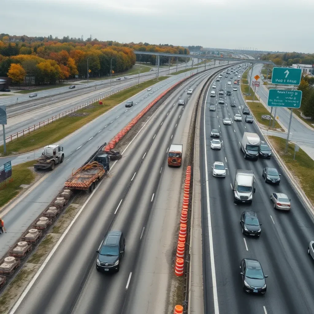 Aerial view of highway construction with lane closures and traffic in Metro Detroit