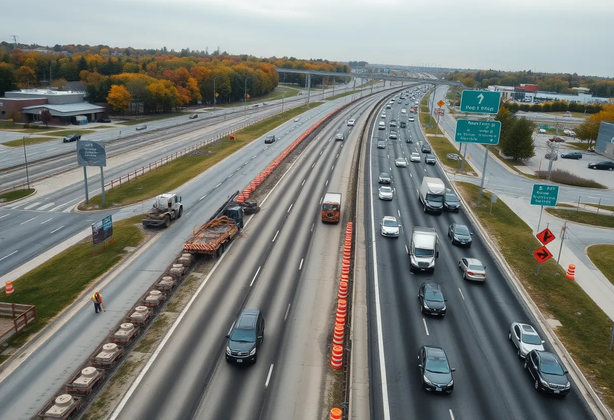 Aerial view of highway construction with lane closures and traffic in Metro Detroit