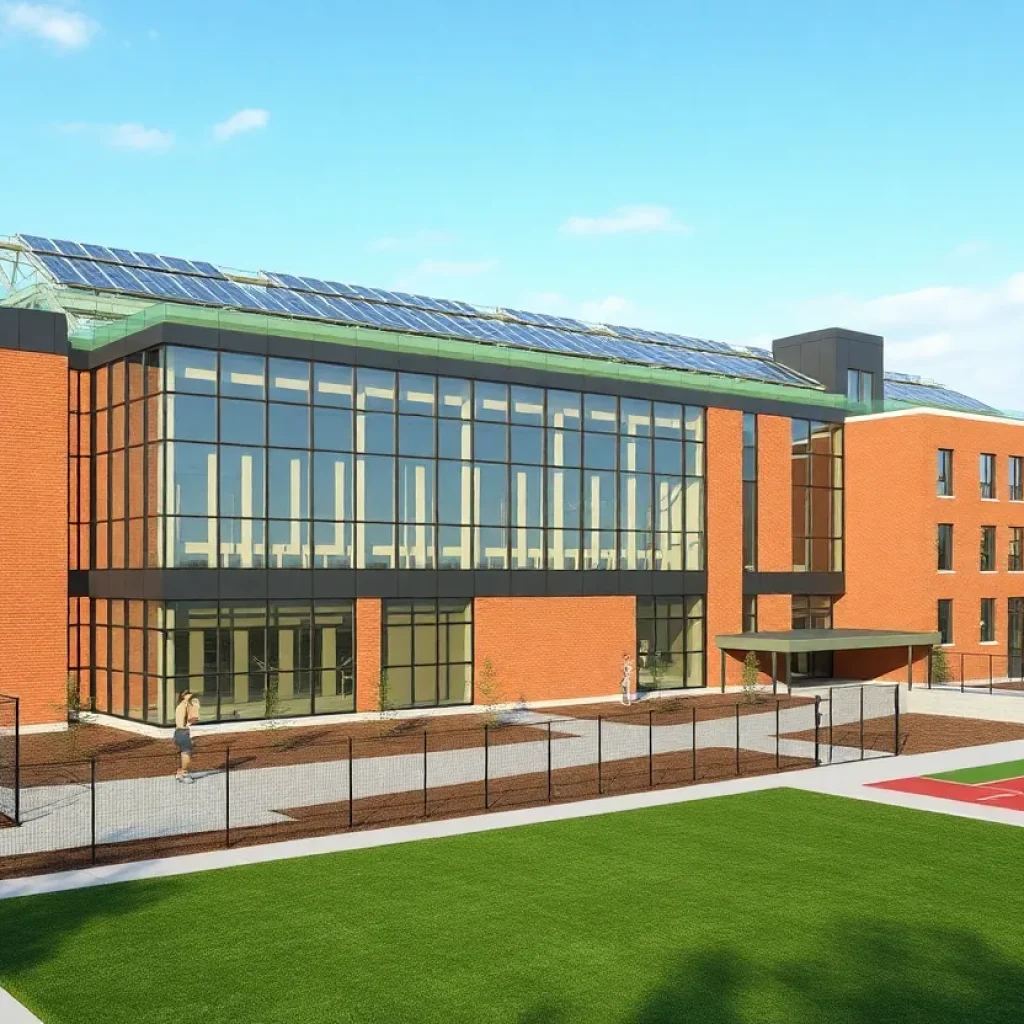 Modern school building under construction with sustainable features and outdoor athletic area in Detroit