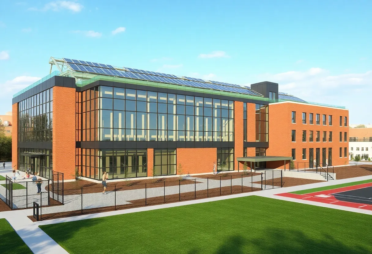 Modern school building under construction with sustainable features and outdoor athletic area in Detroit