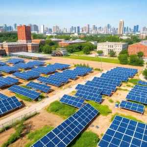 Aerial view of solar panels on repurposed vacant lots near Detroit municipal buildings with landscaped fencing and neighborhood homes in the background