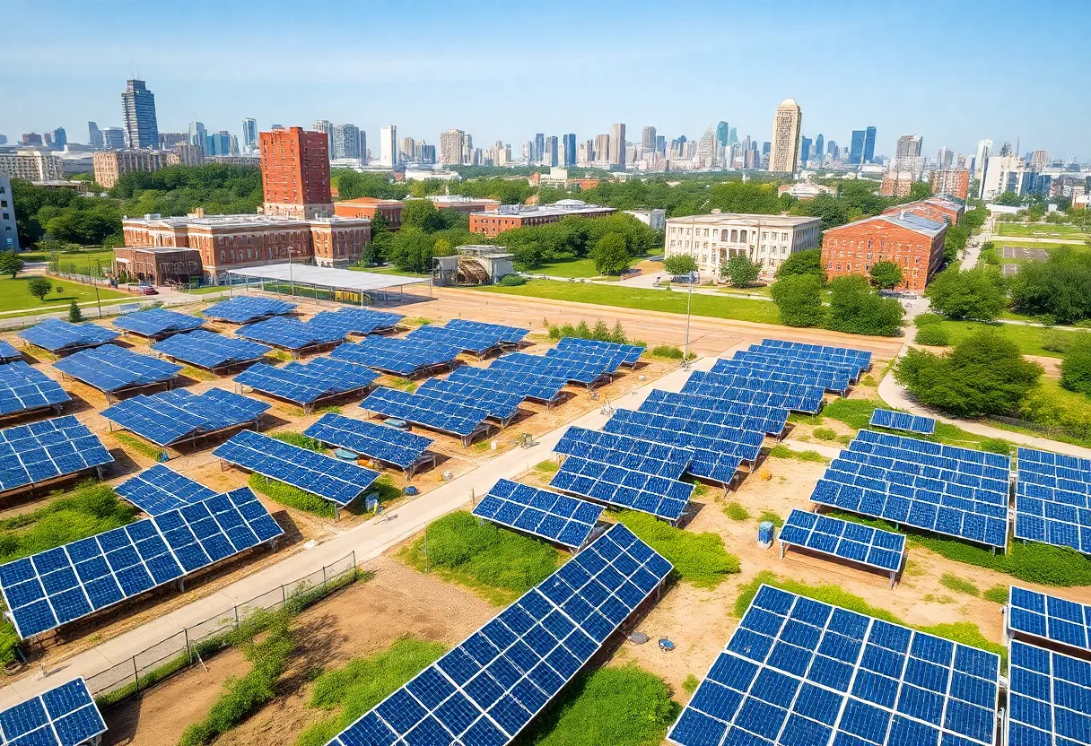 Aerial view of solar panels on repurposed vacant lots near Detroit municipal buildings with landscaped fencing and neighborhood homes in the background