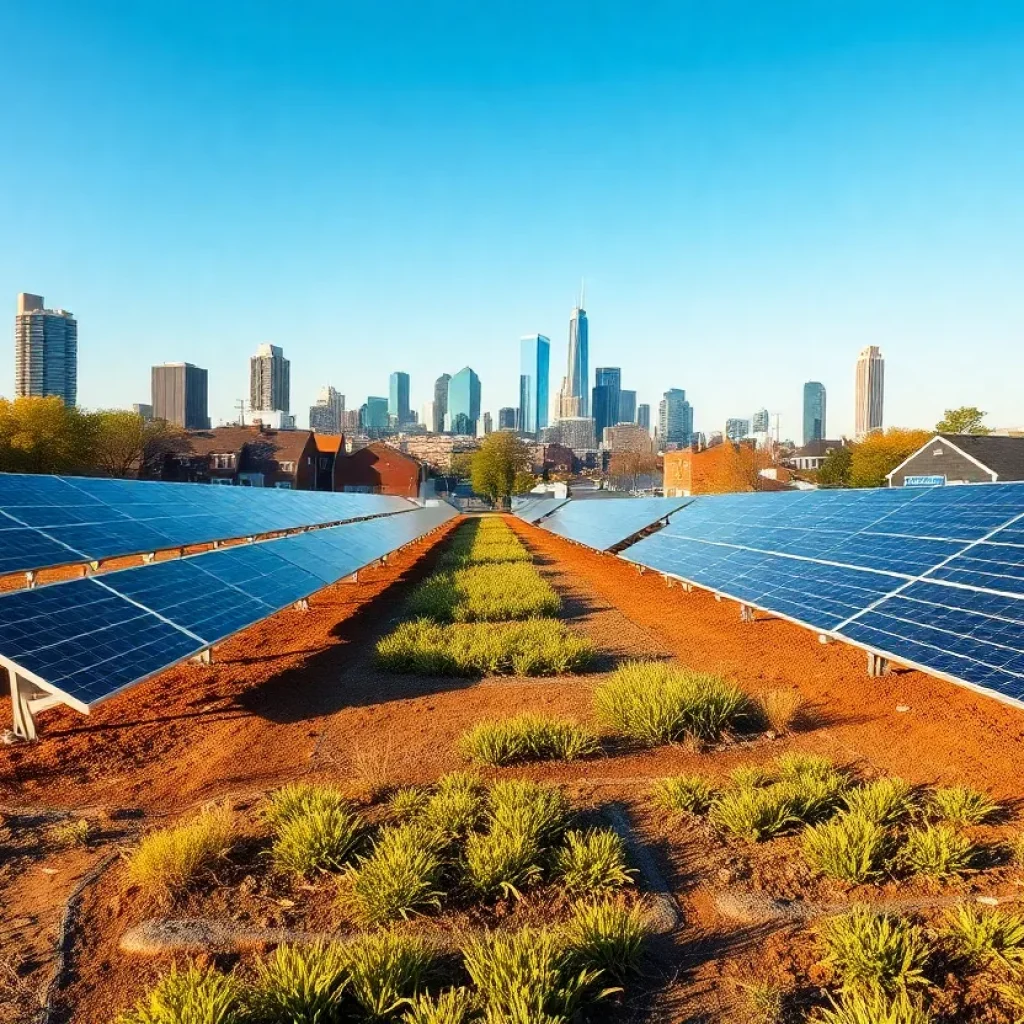 Rows of solar panels on underused urban lots in a Detroit neighborhood with the city skyline visible in the background.