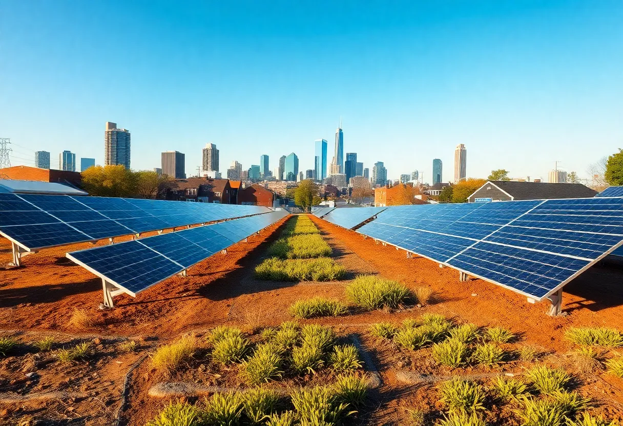 Rows of solar panels on underused urban lots in a Detroit neighborhood with the city skyline visible in the background.