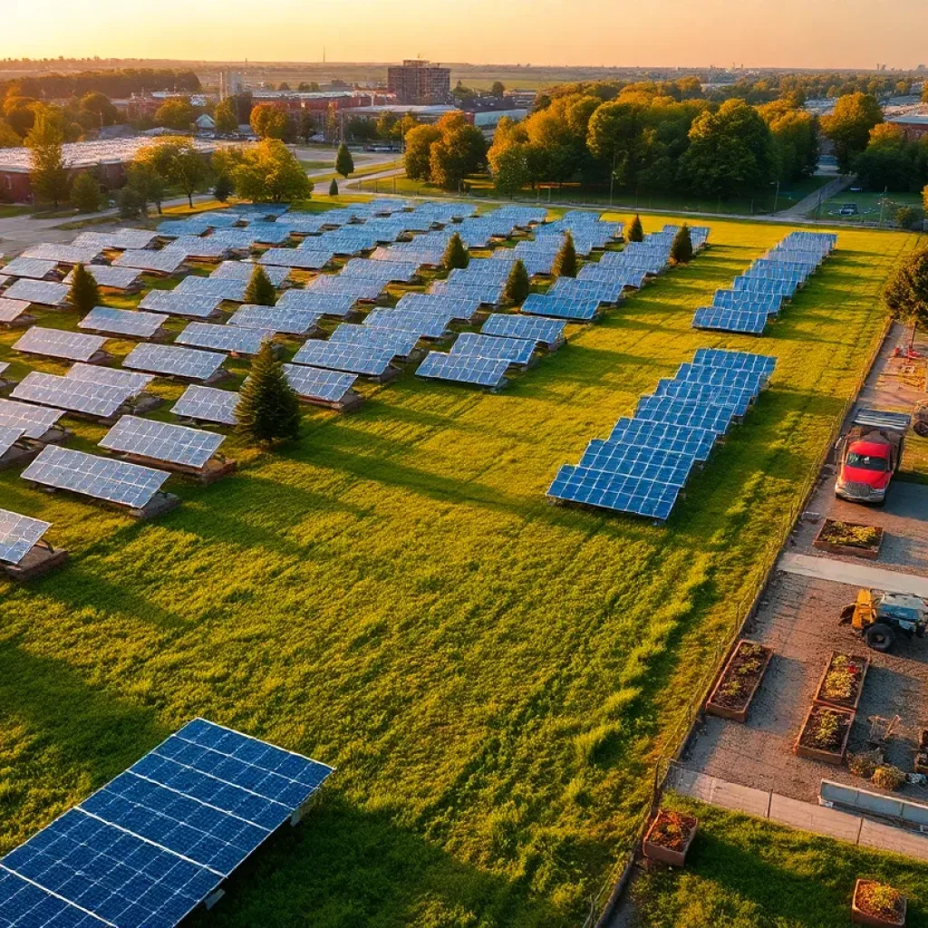 Aerial view of Van Dyke/Lynch solar field with rows of panels, meadow and landscaping in Detroit