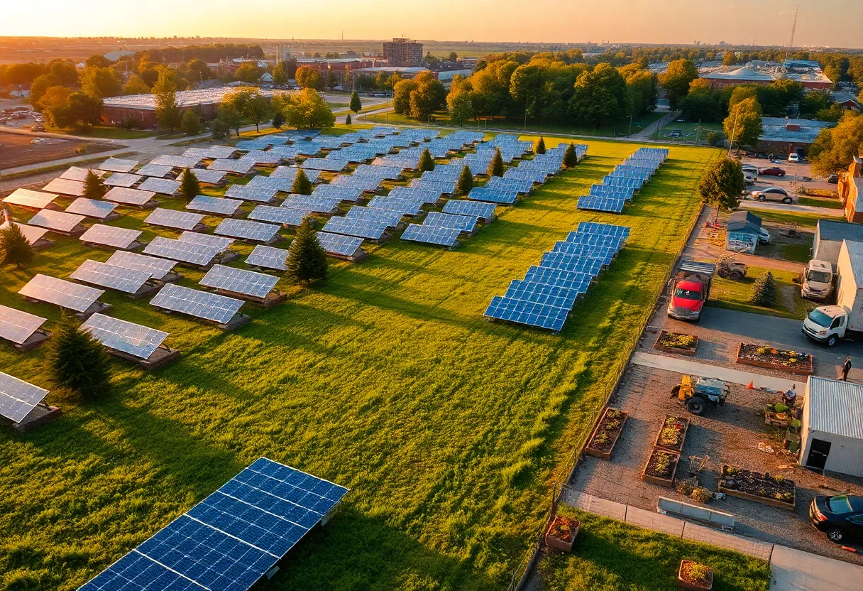 Aerial view of Van Dyke/Lynch solar field with rows of panels, meadow and landscaping in Detroit