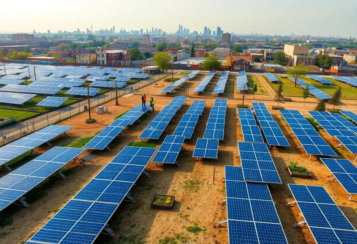 Aerial view of a municipal solar field on repurposed vacant land in Detroit with rows of solar panels, landscaping, and city skyline