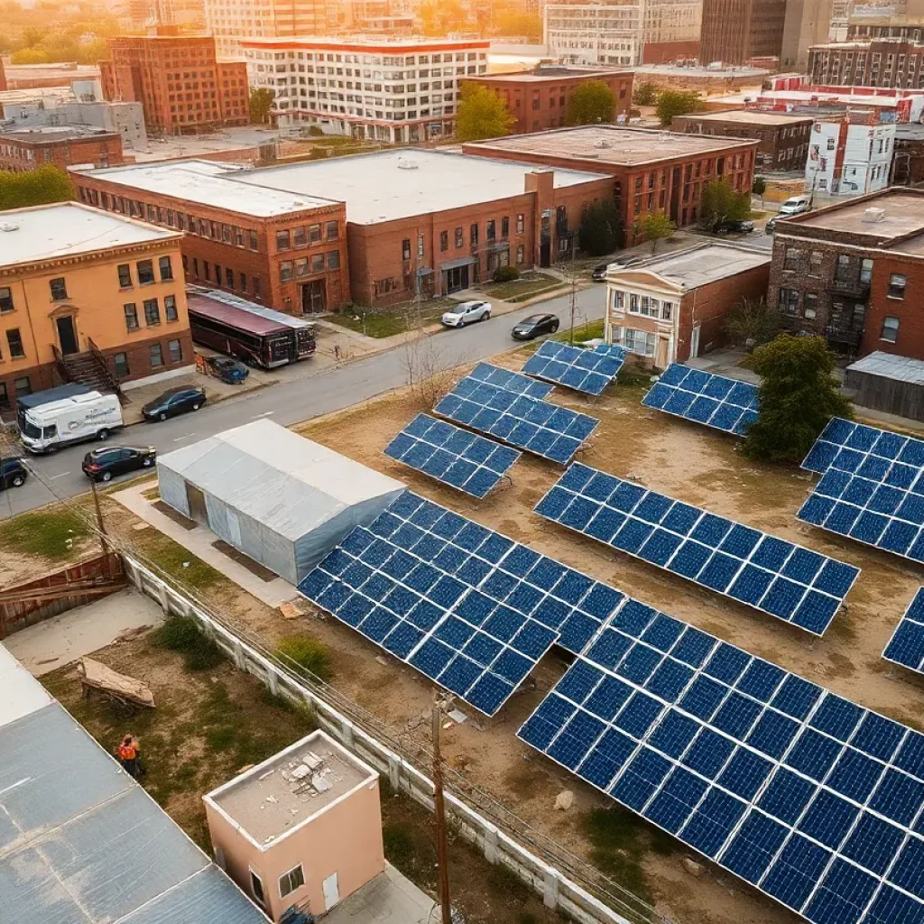 Aerial view of solar panels on repurposed vacant lots in a Detroit neighborhood with municipal buildings nearby