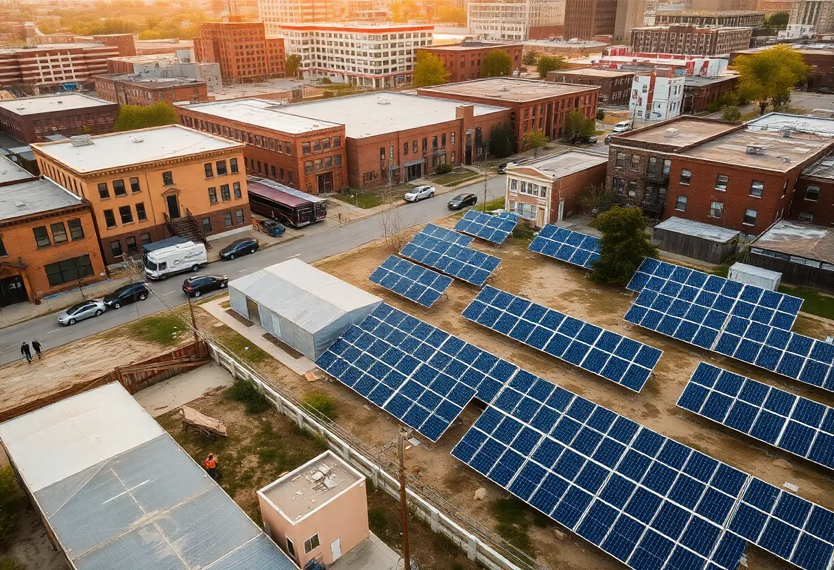 Aerial view of solar panels on repurposed vacant lots in a Detroit neighborhood with municipal buildings nearby