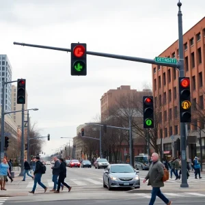 Traffic intersection in Detroit with modern signals and active pedestrians.