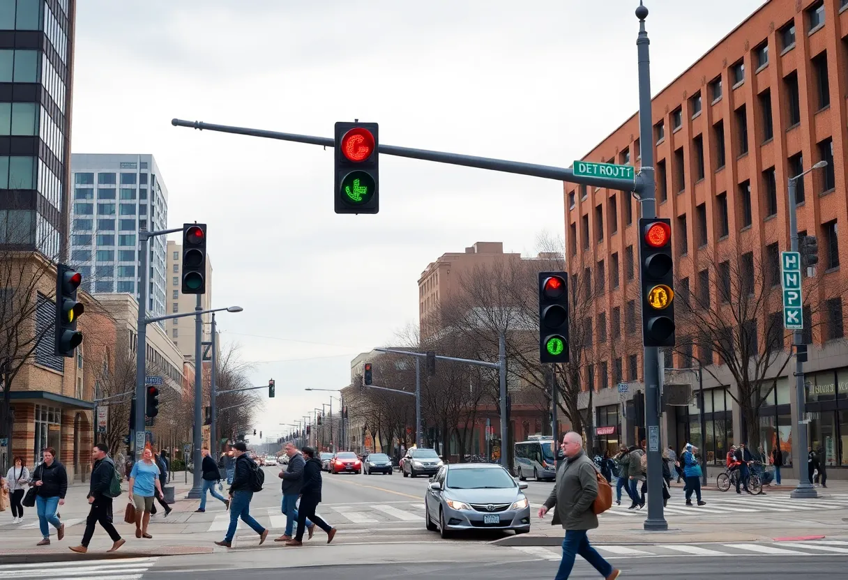 Traffic intersection in Detroit with modern signals and active pedestrians.