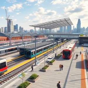 Modern multi-modal transit hub near Michigan Central Station in Corktown, Detroit
