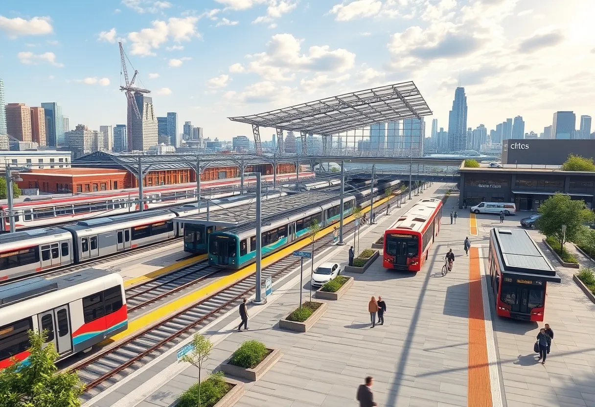 Modern multi-modal transit hub near Michigan Central Station in Corktown, Detroit