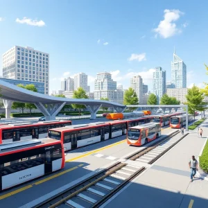Rendering of Detroit multimodal transit hub with buses and trains