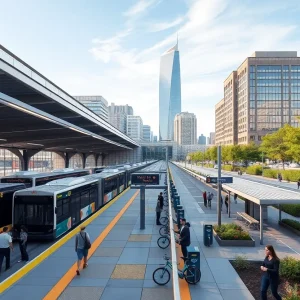 Modern Detroit transit hub with buses, rail platform, bike-share docks and commuters
