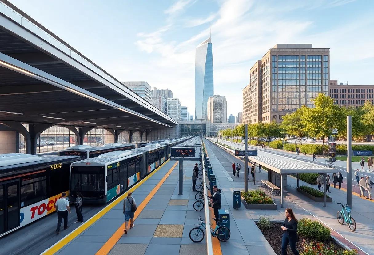 Modern Detroit transit hub with buses, rail platform, bike-share docks and commuters