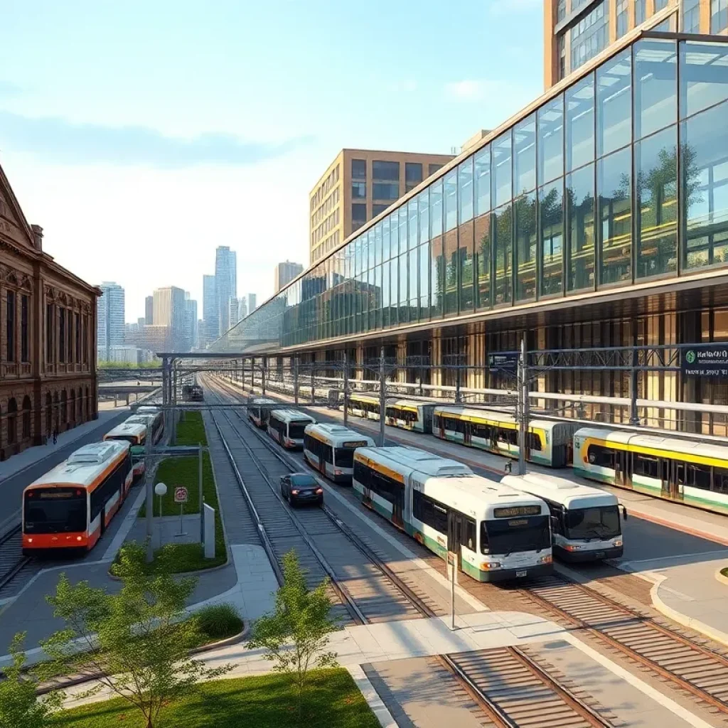 Architectural rendering of a proposed multimodal transportation hub adjacent to the historic Michigan Central Station with trains, buses and streetcar connections
