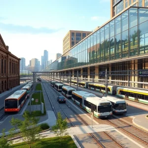 Sponsored Articles Architectural rendering of a proposed multimodal transportation hub adjacent to the historic Michigan Central Station with trains, buses and streetcar connections