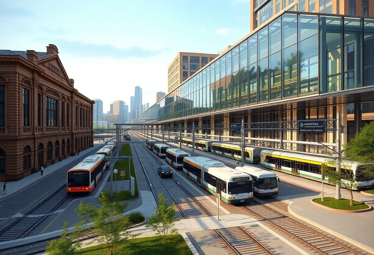 Architectural rendering of a proposed multimodal transportation hub adjacent to the historic Michigan Central Station with trains, buses and streetcar connections
