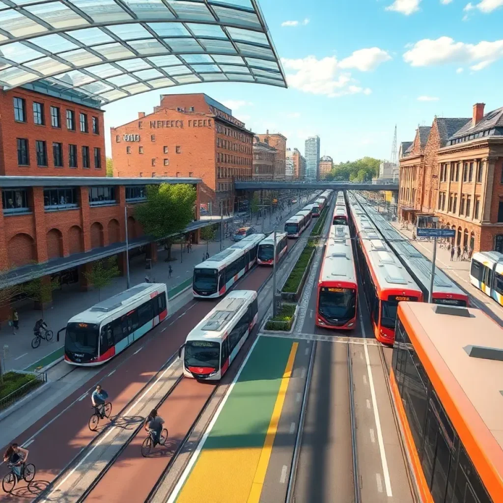 Rendering of proposed multimodal transportation hub beside historic train station