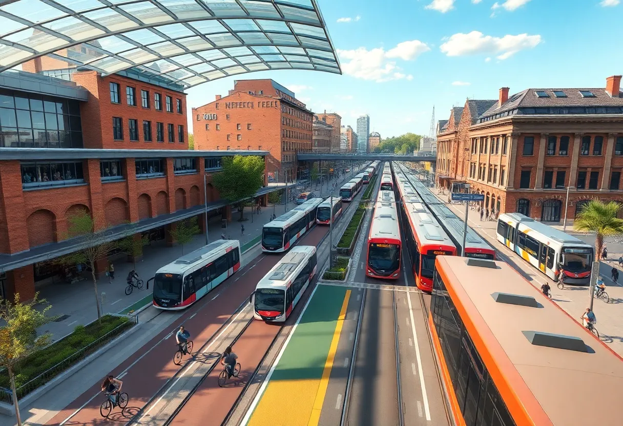 Rendering of proposed multimodal transportation hub beside historic train station
