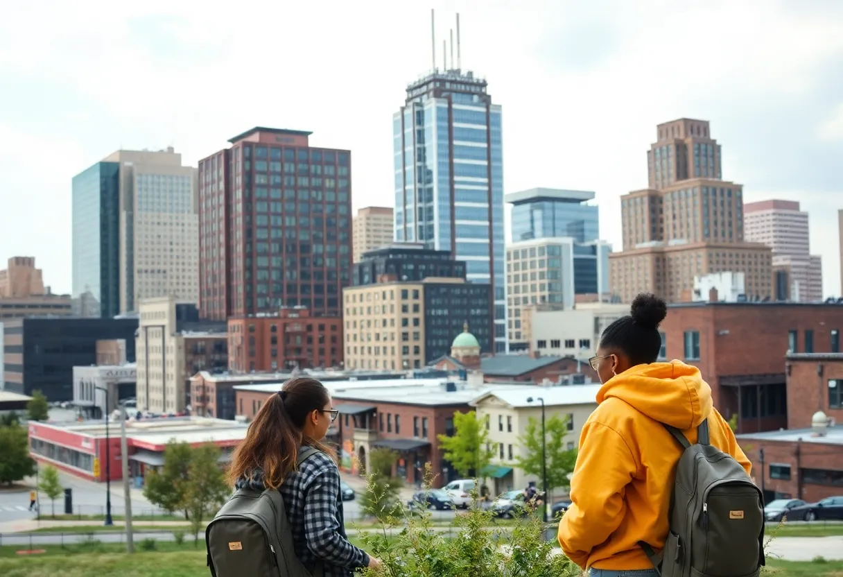Students interacting in a Detroit urban real estate environment.