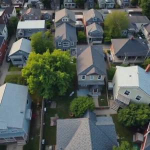 Aerial view of a neighborhood under renovation in Detroit