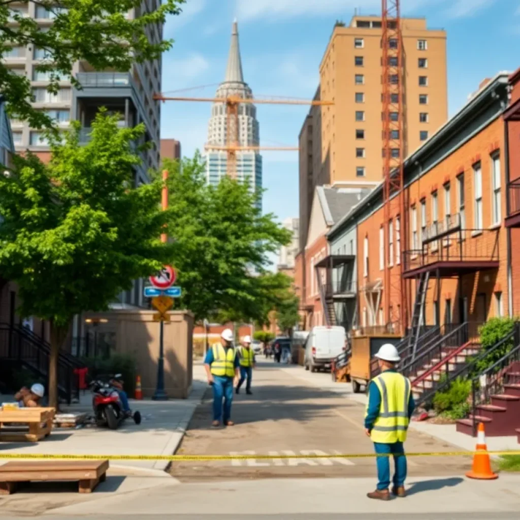 Revitalized neighborhood in Detroit with construction and community engagement